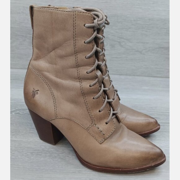 $389 Frye Renee Lace Up Tan Taupe Zip Up Genuine Leather Fall Boho Ankle Bootie - Picture 1 of 2